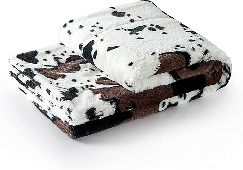 Miniatura 9 de BYTIDE Manta de felpa de piel sintética con estampado de vaca, 300 GSM, suave, occidental, de doble cara, color negro, blanco y marrón, manta ligera