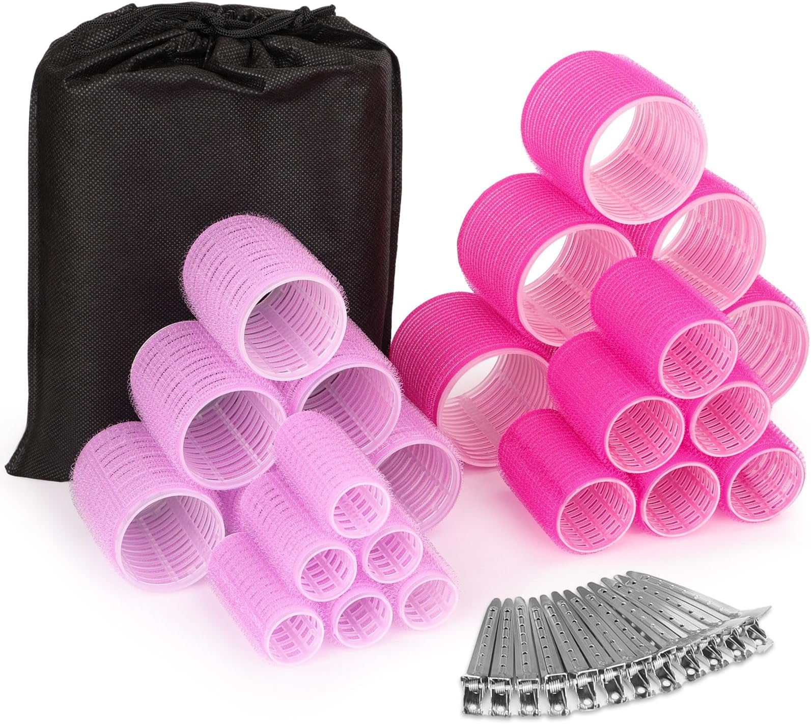 Rollers Hair Curlers Set - 36 Pieces with 4 Sizes (6 Jumbo, 6 Large, 6 Medium & 6 Small Curlers), 12 Hair Clips for Long, Thick Hair, Pink