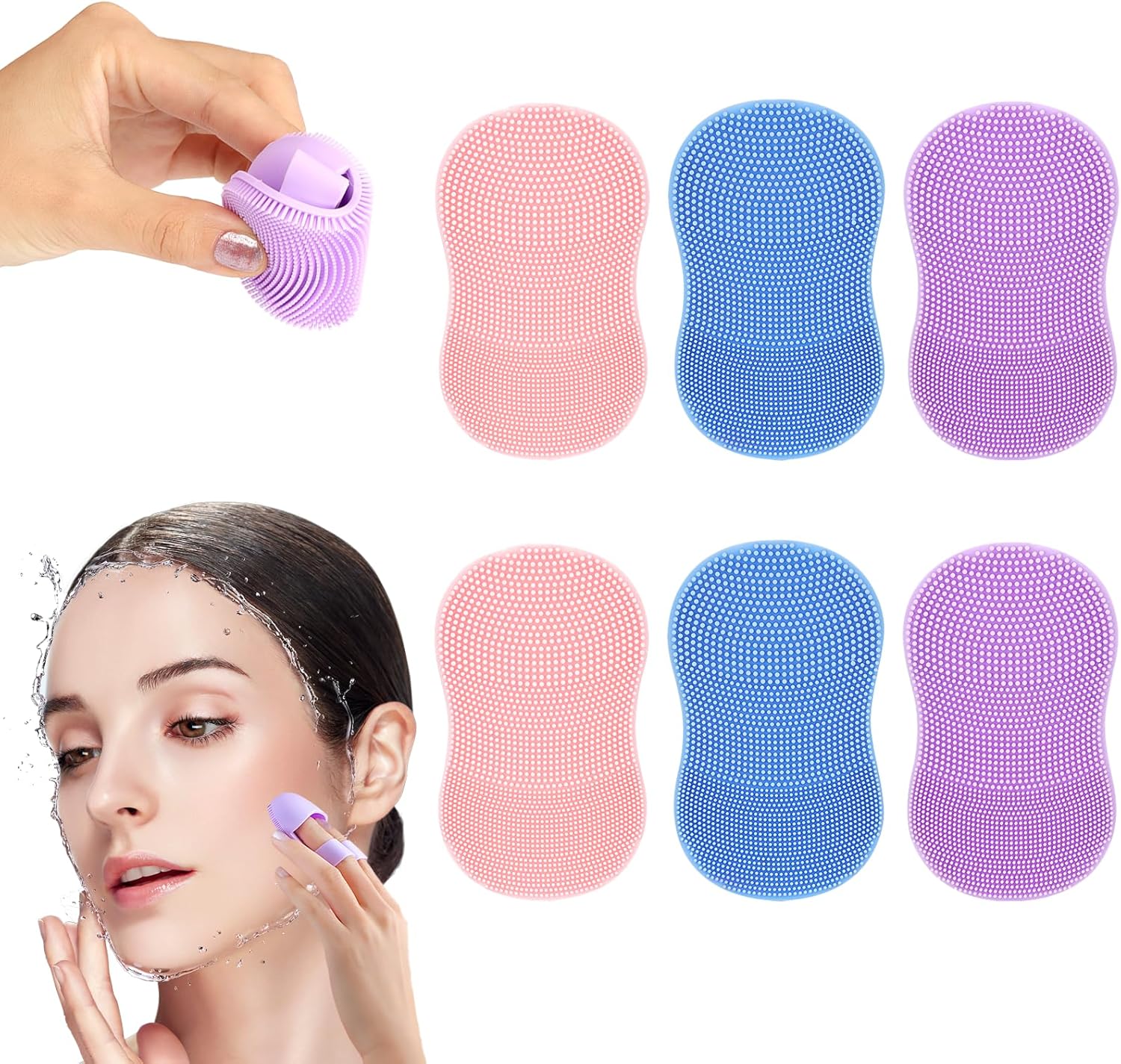 6 stuks siliconen gezichtsreiniger, handmatige gezichtsreiniger, gezichtswasborstel, massageborstel voor peeling en mee-eters en acne, dieptereiniging, huidverzorging, 2 blauw + 2 roze + 2 paars