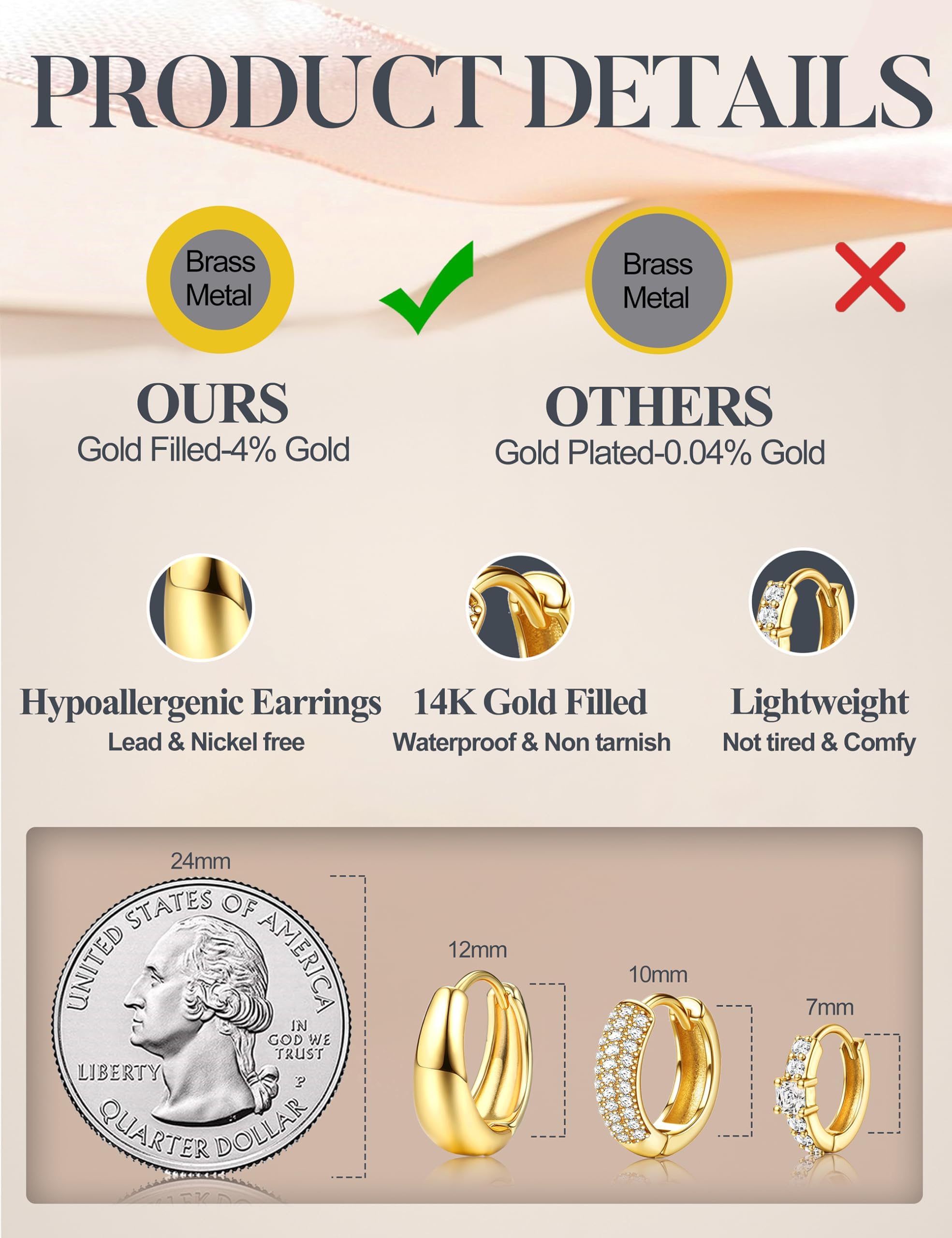 Chriscoco 3Paia Orecchini Cerchio Oro/Argento Set Anallergici Orecchini Donna Oro Placcato 14K Orecchino a Cerchio Piccoli per Fori Multipli