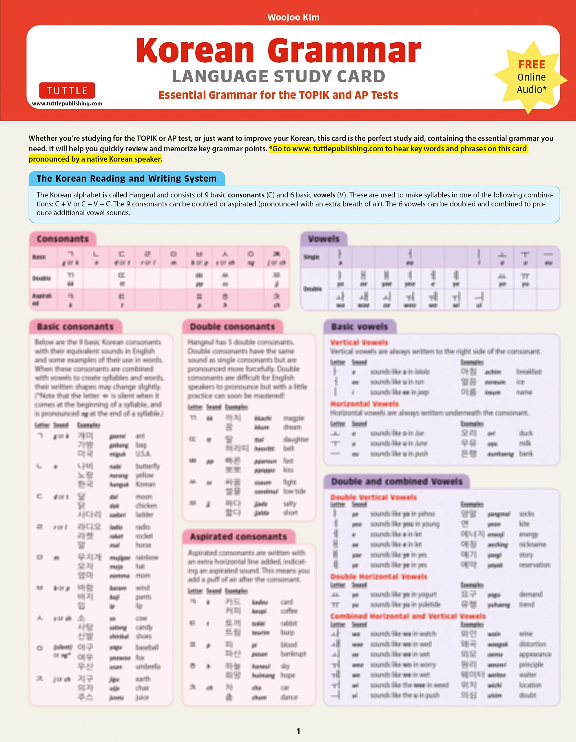 Korean Grammar Language Study Card: Essential Grammar Points for the TOPIK Test (Includes Online Audio)