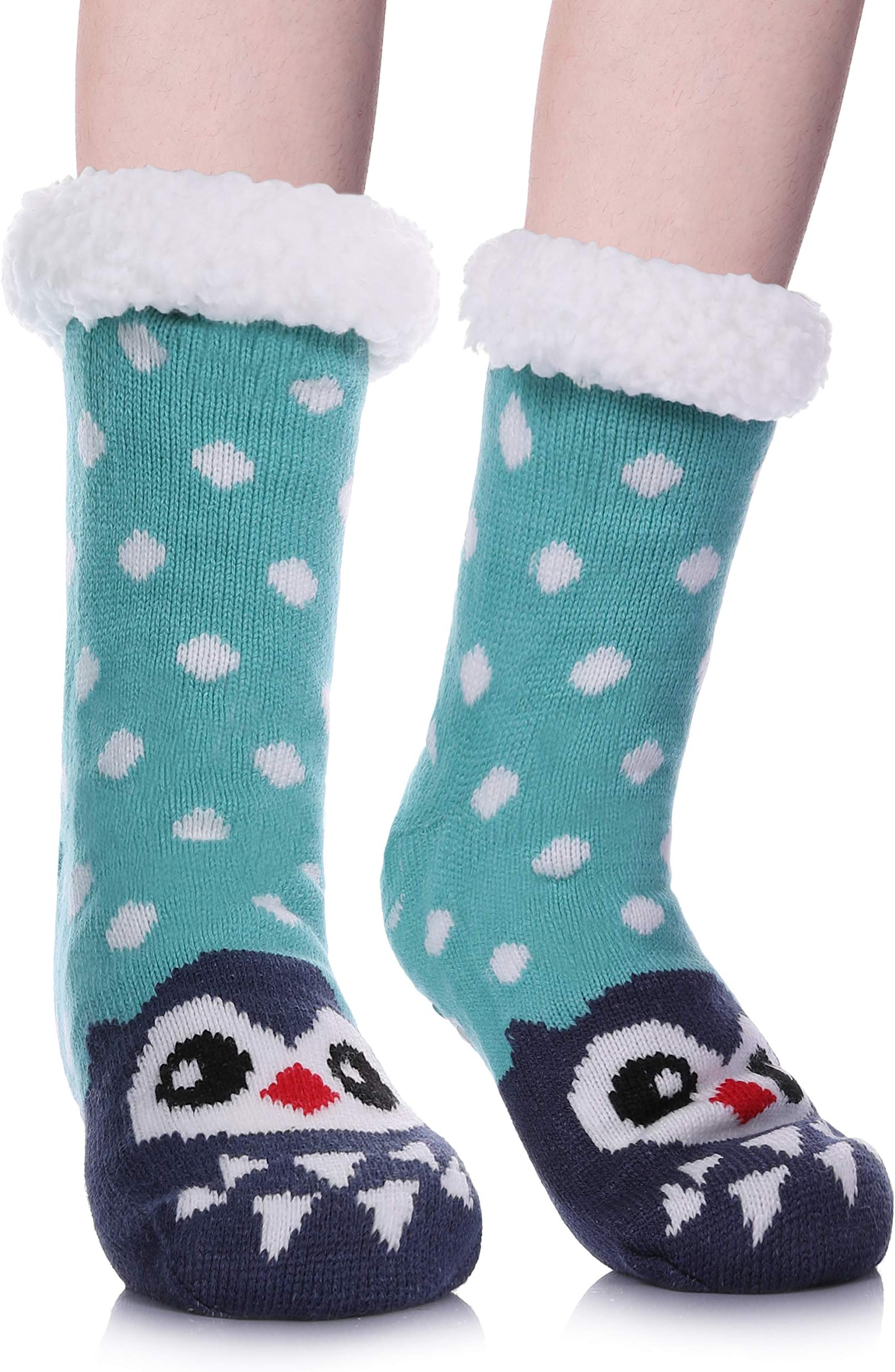 AOXIONWomen's Soft Warm Cute Animal Fuzzy Fleece Lining Knitting Non-Slip Winter Slipper Socks