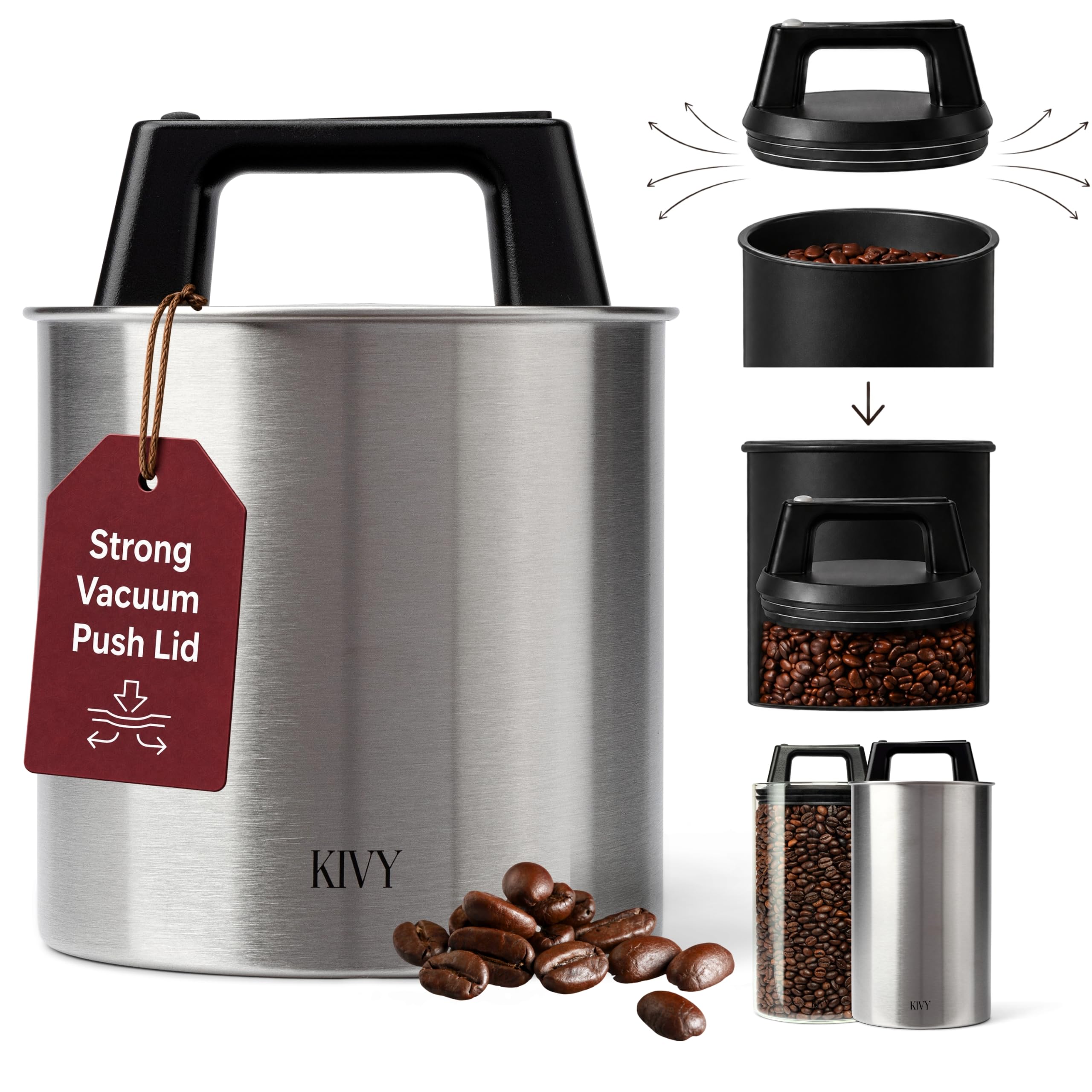 KIVY Vacuum Coffee Canister - Push Lid Preserves Coffee Aroma &amp; Oil