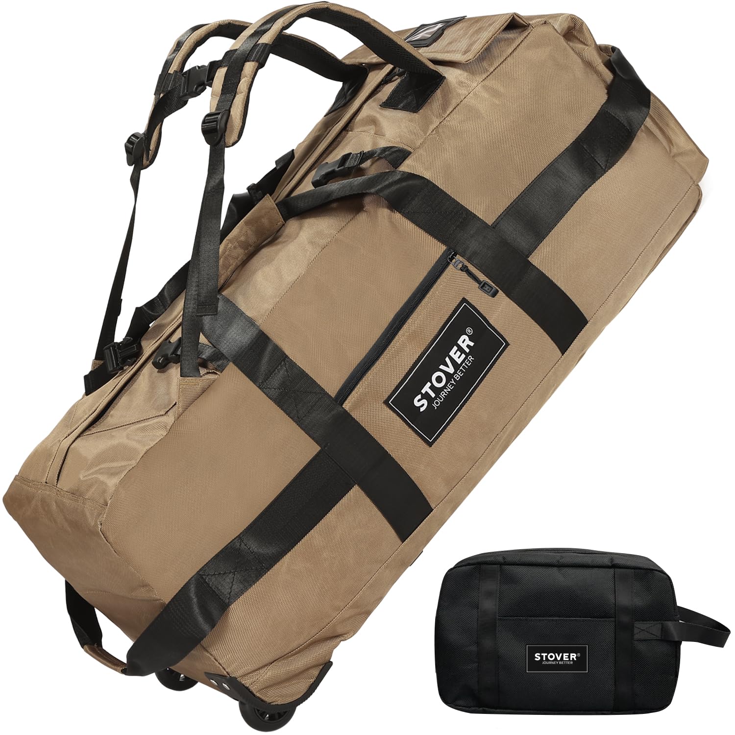 STOVER80L Rolling Duffel Bag with Wheels, Large 31 Inch Durable Travel Duffle Bag + Toiletry Bag, Heavy Duty, Packable, Foldable w/Shoulder Straps- Use as Luggage or Backpack, Men/Women (Tan)