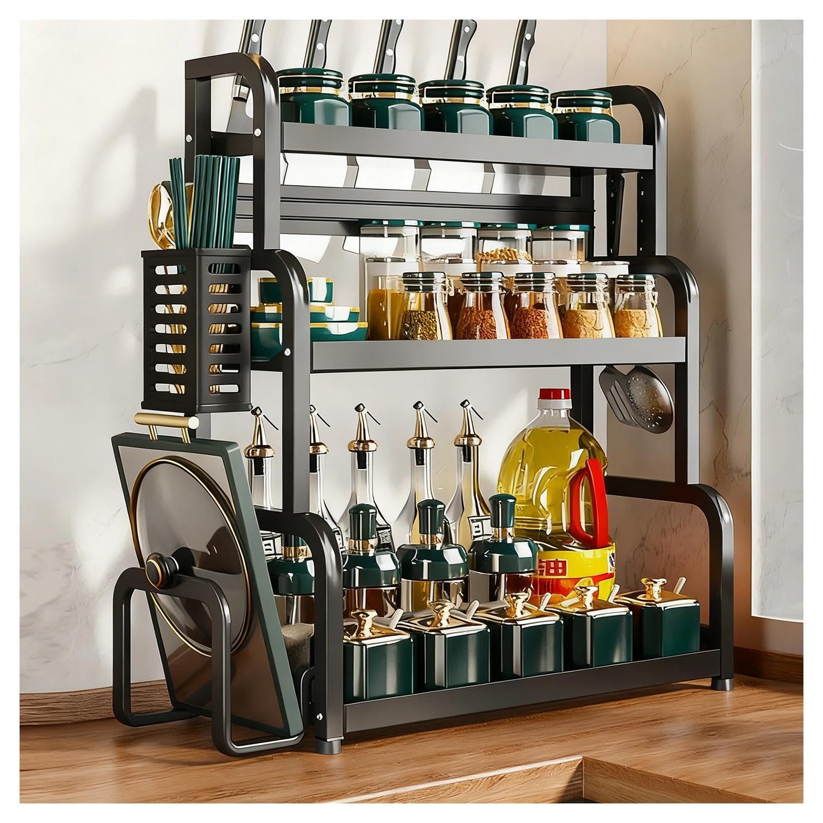 HADECOLL Sturdy Rust-Free Metal Spice Rack With Knife Holder, Freestanding Large Spice Tray With Hooks And Utensil Holder, For Kitchen Counter, Office, Living Room,Black-3 Tier-15.7in