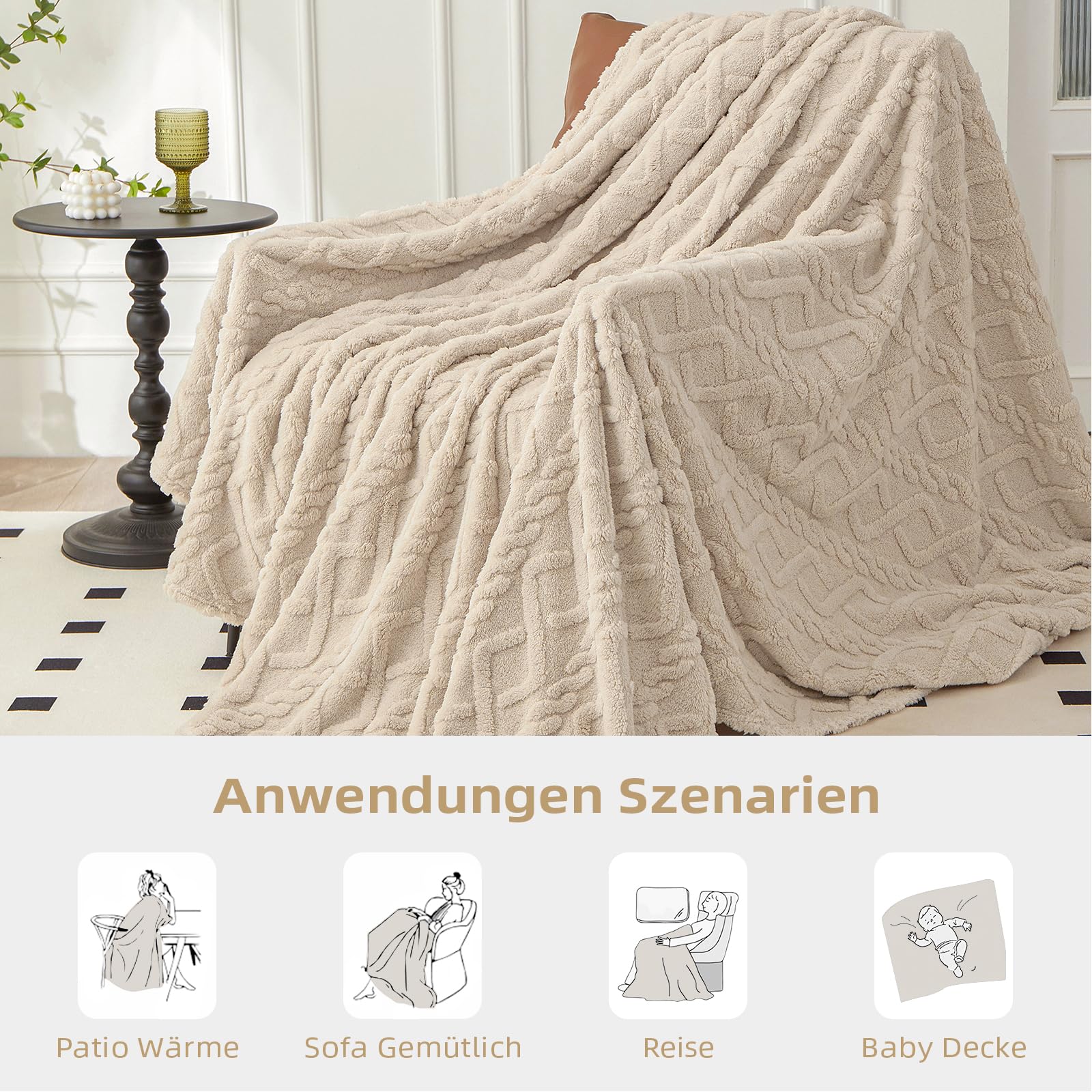 WONGS BEDDING Morbida coperta per divano, in pile, 150 x 200 cm, per letto, divano, colore beige