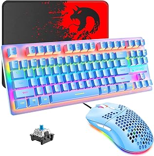 Wired Gaming Keyboard Mouse Set, Wired Mini 87 Keys Blue Switch Compact Mechanical Keyboard with 8 Rainbow Backlit Mode,29 Keys Anti-ghosting + 6400DPI Lightweight Gaming Honeycomb Mouse +Mouse Pad