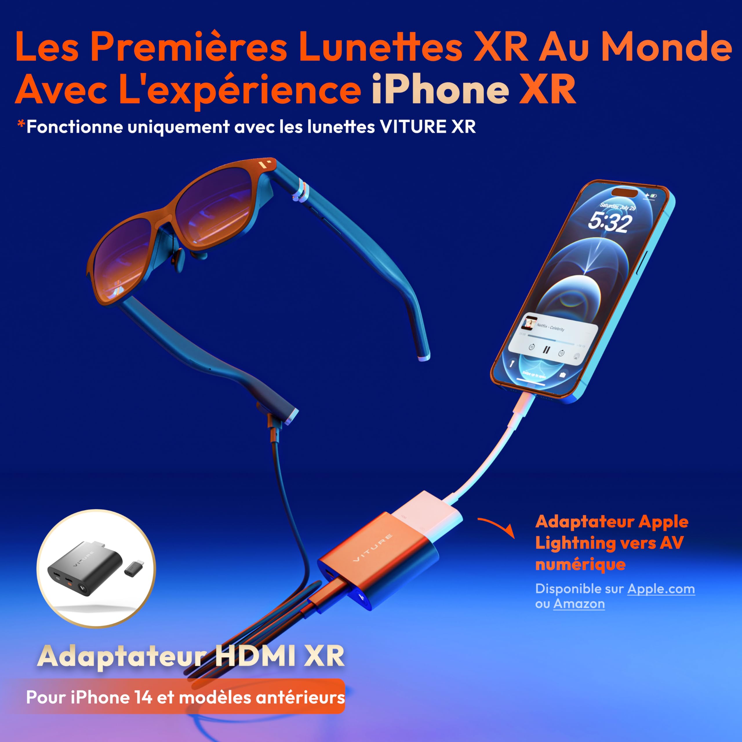 VITURE Adaptateur HDMI XR pour iPhone 14 et modèles antérieurs, activant les vidéos multi-écran/3DoF/VR améliorées, autonomie de 2,8 heures, charge pendant la lecture, lecture directe sur les consoles