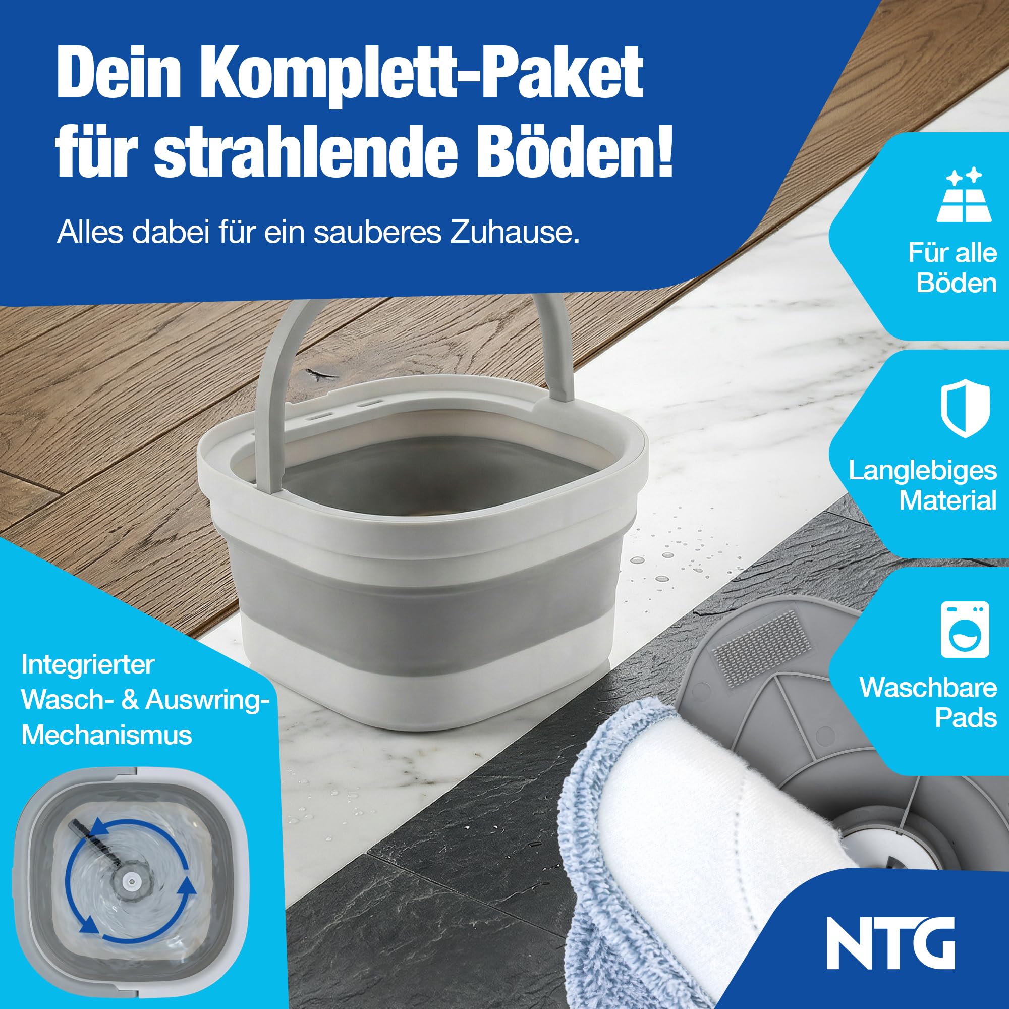 NTG Wischmopp Set mit Eimer – Mop Set mit Mikrofaser-Bodenwischer & Rotationsfunktion – platzsparendes Reinigungssystem inkl. Ersatz-Wischpads für Laminat, Fliesen & alle Bodenarten