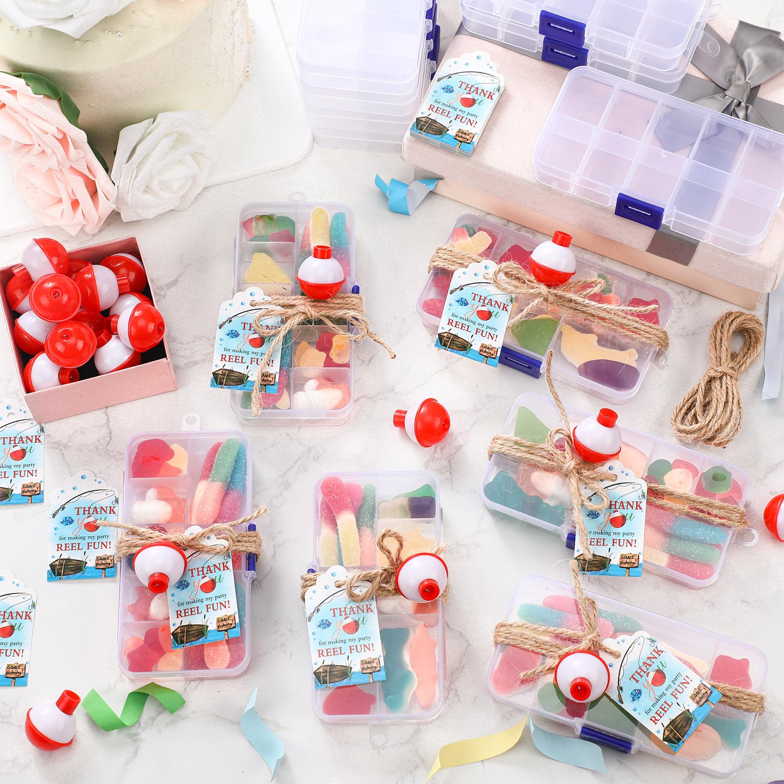Wonderjune 24 Fishing Party Favors Tackle Boxes with Thank You Cards