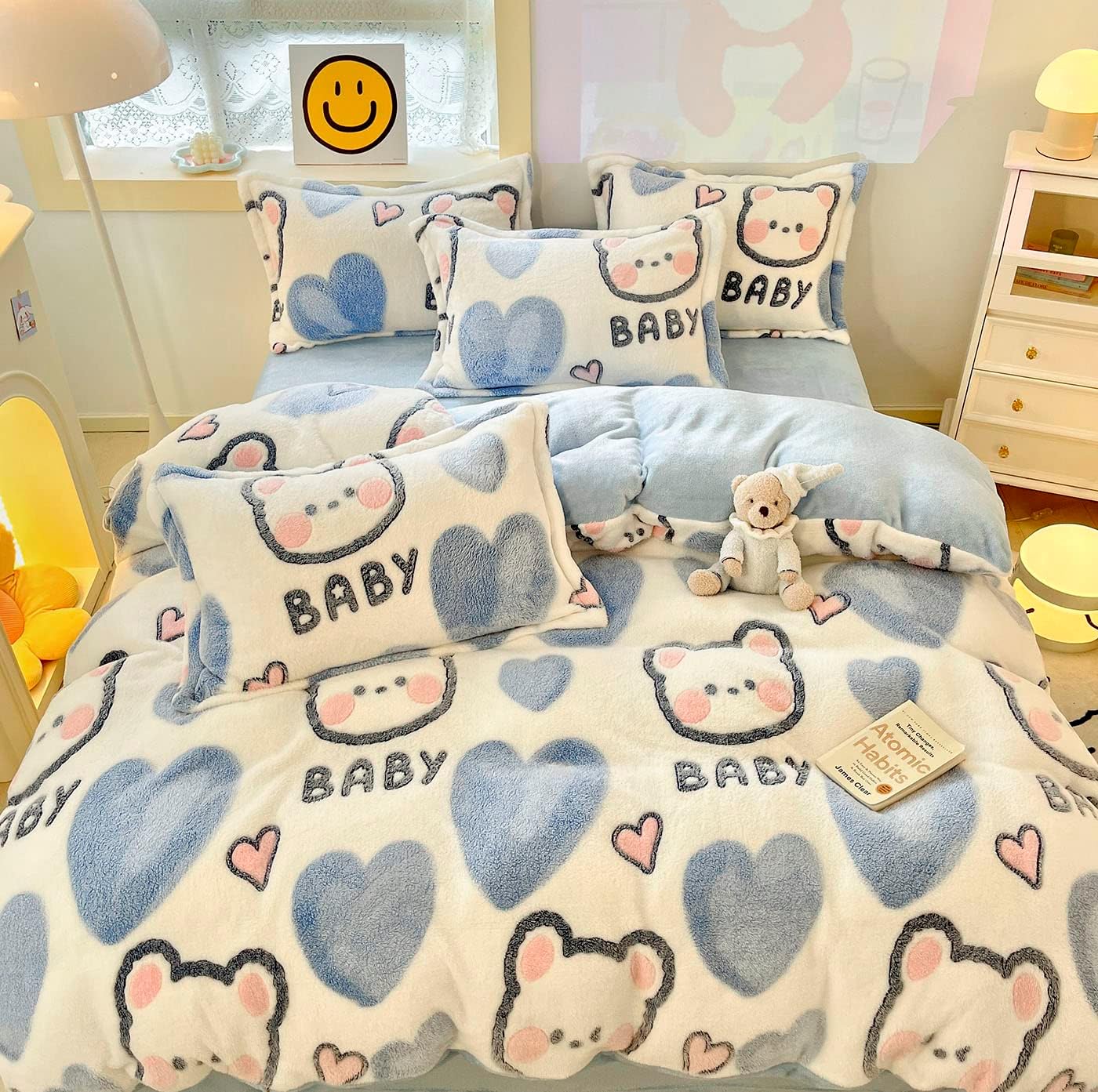 KASBLUEL Duvet Cover Queen, Pink Bear Bedding Sets