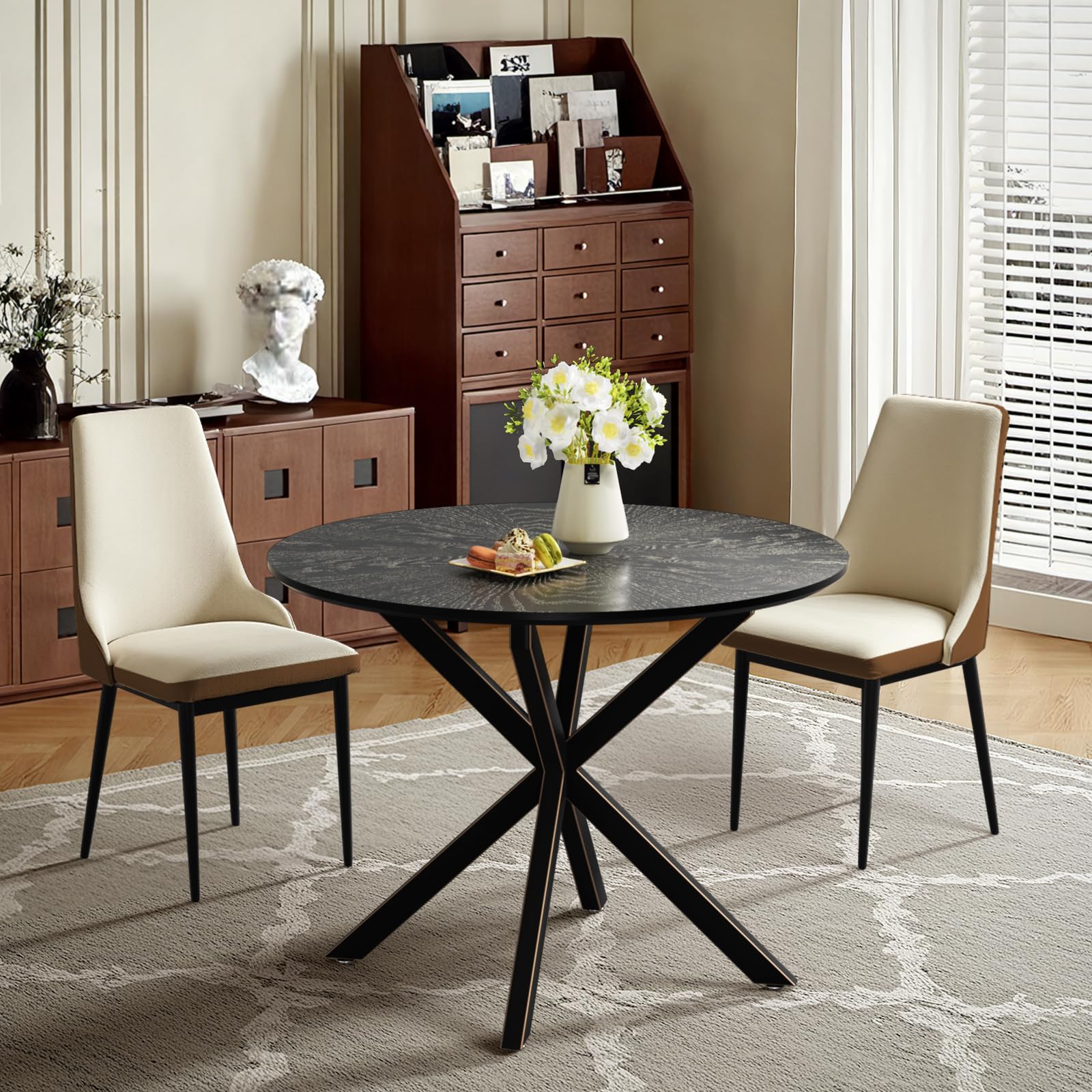 VFK Round Dining Table Set for 2,Small Kitchen Table and Chairs Set 36 inch Modern Metal Cross Base Dinner Table with 2 Cushioned Seat 3-Pieces Dining