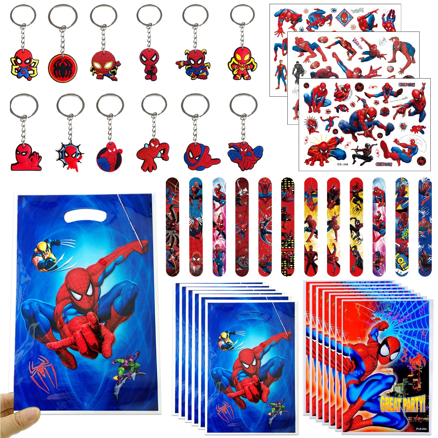 wukou 47pcs Spider Party Favors Slap Bracelets Keychain Tattoos Party Bags Kids Boy Spider Themed Birthday Party Supplies Candy Rewards Treat Pinata Gift Goodie Bag Fillers