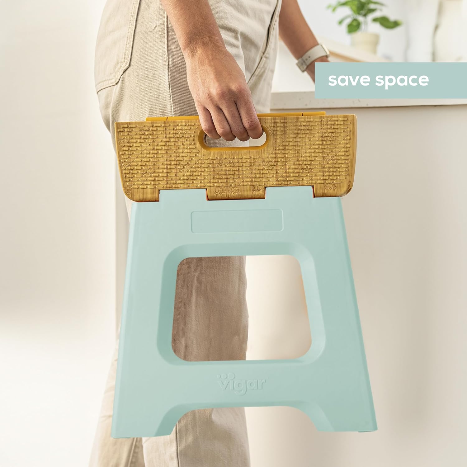 Vigar Compact Step Stool Foldable, 12-1/2-inch Step Stools for Adults up to 330 Pound, Lightweight Stool, Non-Slip Folding Step Stool, Bamboo on Top, Vintage Green Vintage Green, Bamboo on Top 12-1/2-Inches