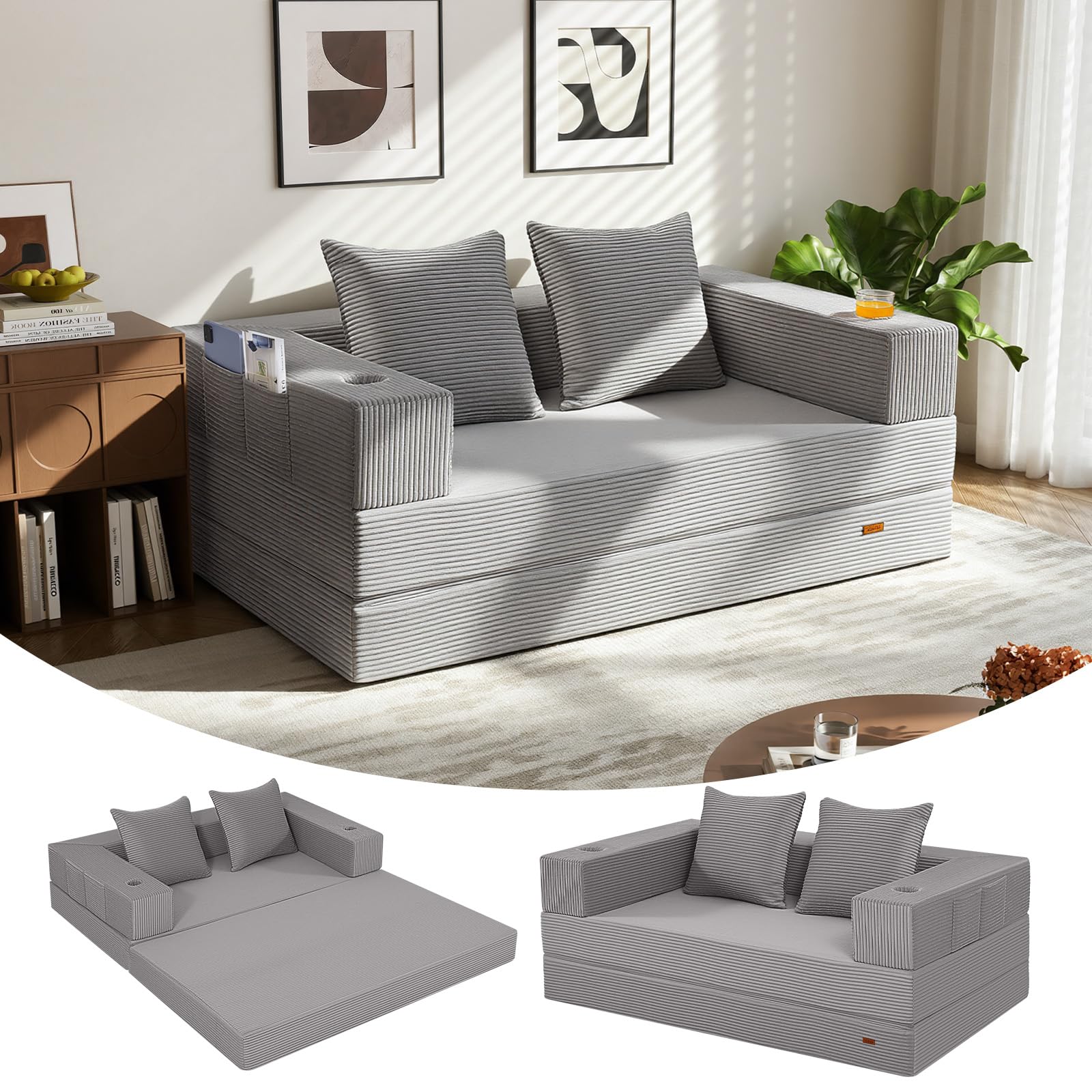 MeMoreCool Convertible Floor Sofa Bed, Corduroy Folding Boneless Couch, High-Density Foam Fold Out Guest Bed with Removable Washable Cover, No Assembly Futon Sofa for Flats, Light Grey