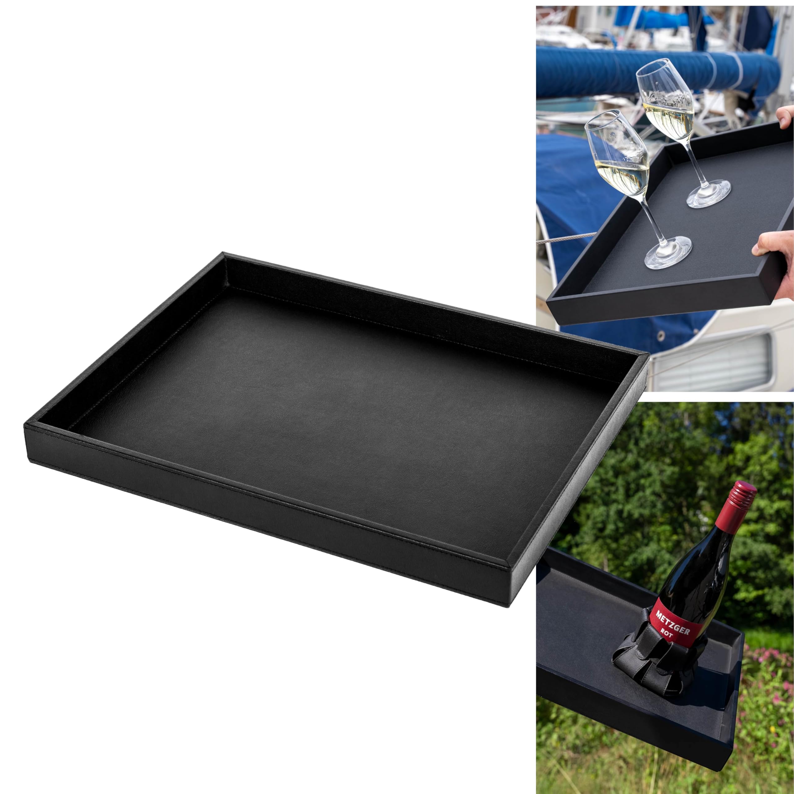 Silwy® Metal Tray in Elegant Leather Look Black for Non-Slip Serving and Transport of Elegant Magnetic Glasses - Perfect for Camping, Caravanning and Boating