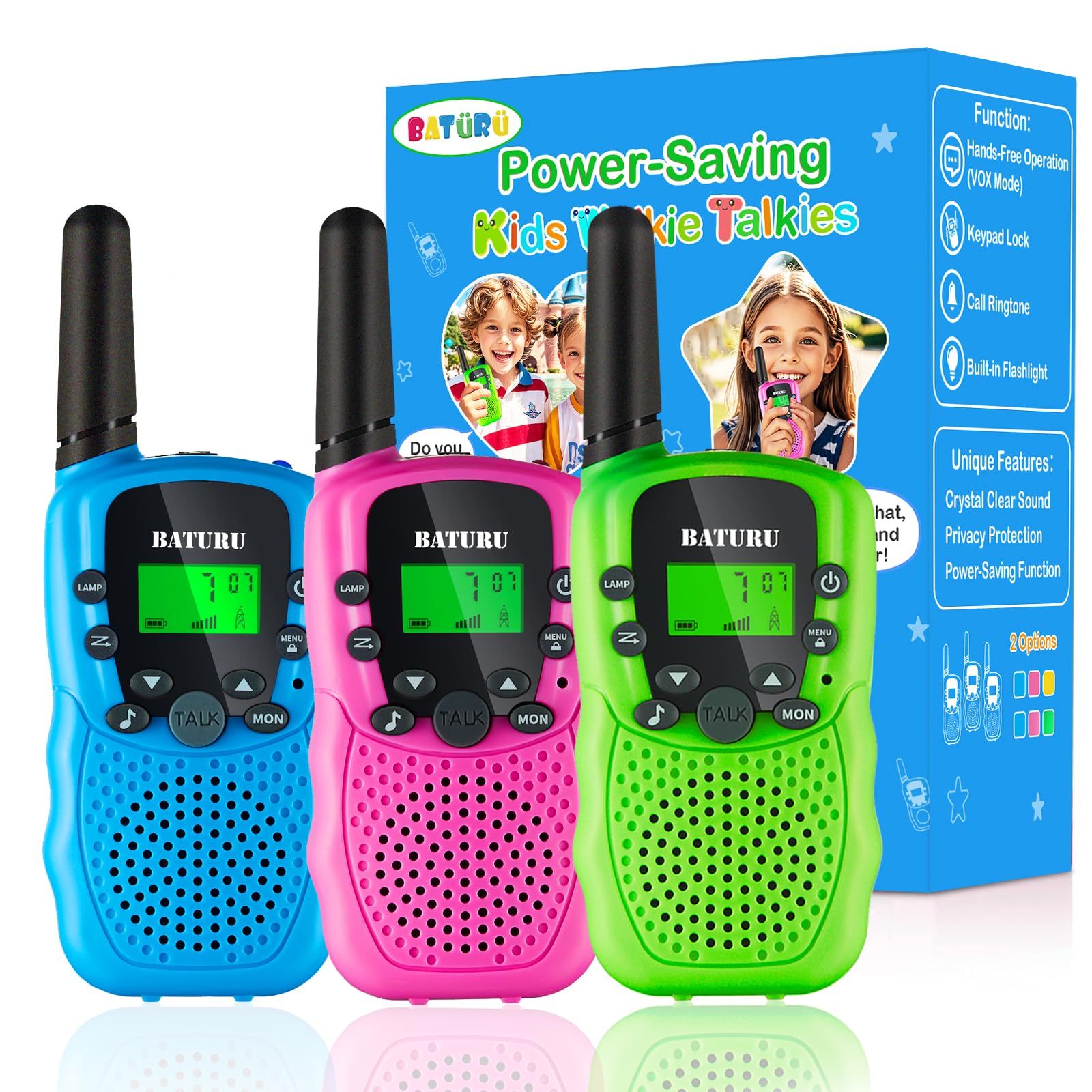 BATURU Walkie Talkie with battery compartment open