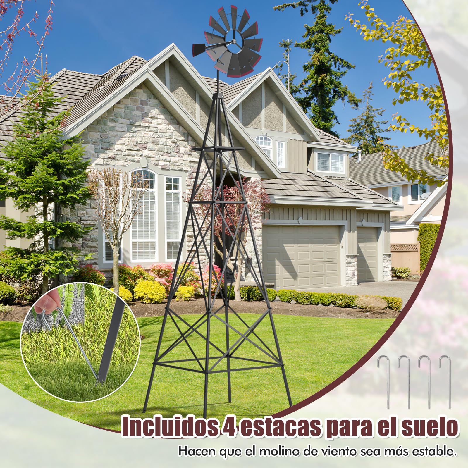 COSTWAY Molino de Viento Jardin de 253cm, Rueda de Viento con Rodamiento de Bolas, Molinillo de Viento de Metal Patio, Jardín, Granja, 4 Estacas Incluidas (Gris)