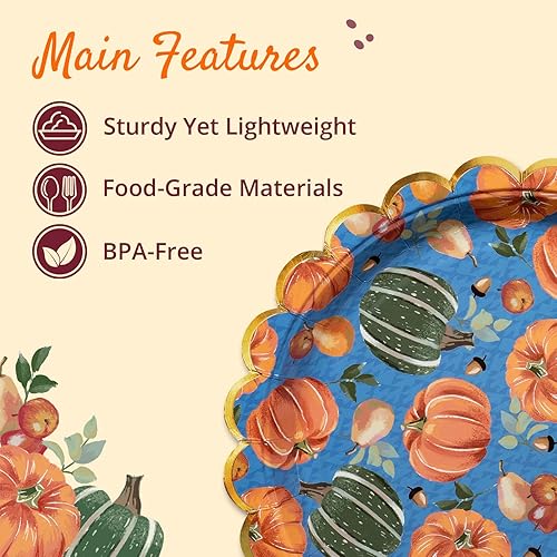 Miniatura 5 de Confettiville Platos de papel de Acción de Gracias, 50 platos desechables de Acción de Gracias, festoneados, suministros de fiesta, calabazas, azul