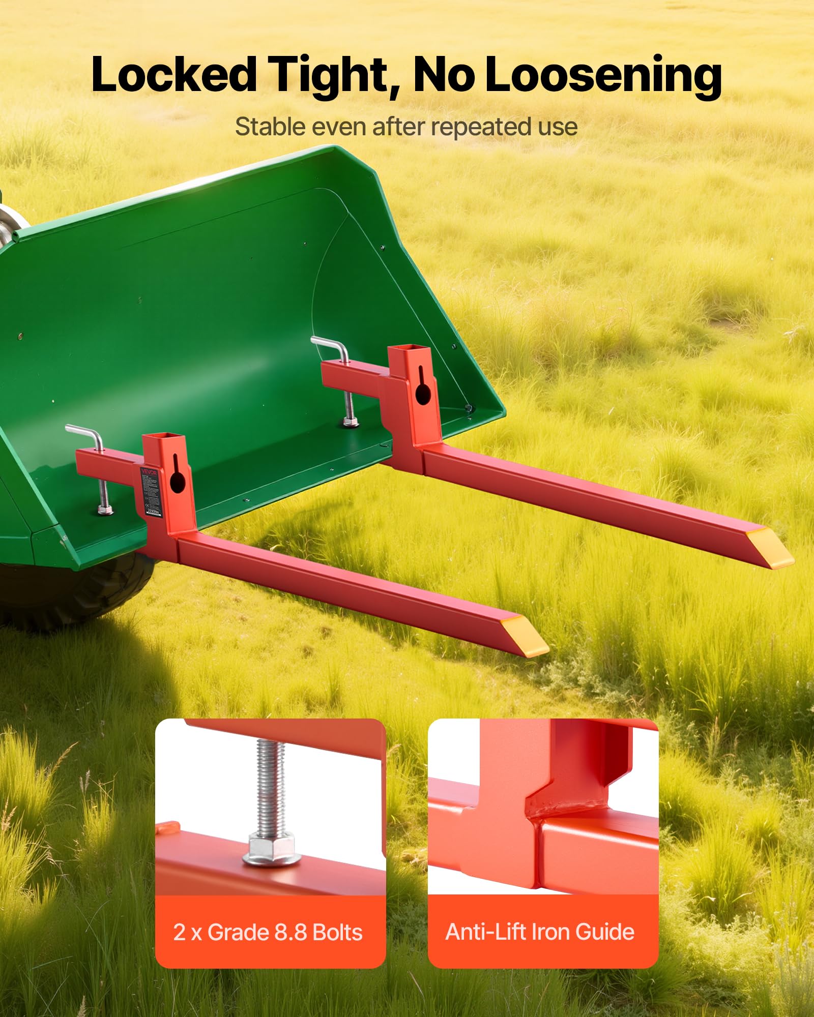 VEVOR Abrazadera de Horquillas de Tractor 907 kg, Horquillas de Palé Longitud Total de 109 cm, con Barra Estabilizadora, Alta Resistencia, para Pala Cargadora, Minicargadora, Tractor, Naranja