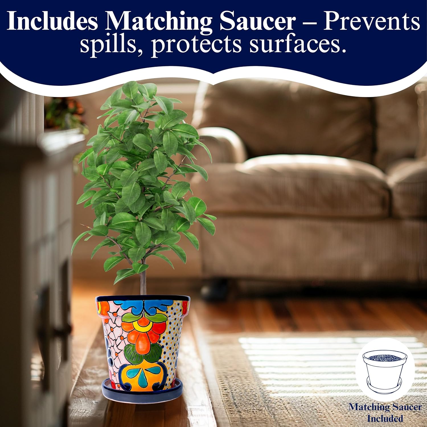 Mexican Pottery Planters - Talavera Planter - Mexican Yard Pottery - Ceramic Pots for Plants Indoor & Outdoor with Drainage Hole and Saucer - 7” W x 7” H (Cobalt Blue-Big)