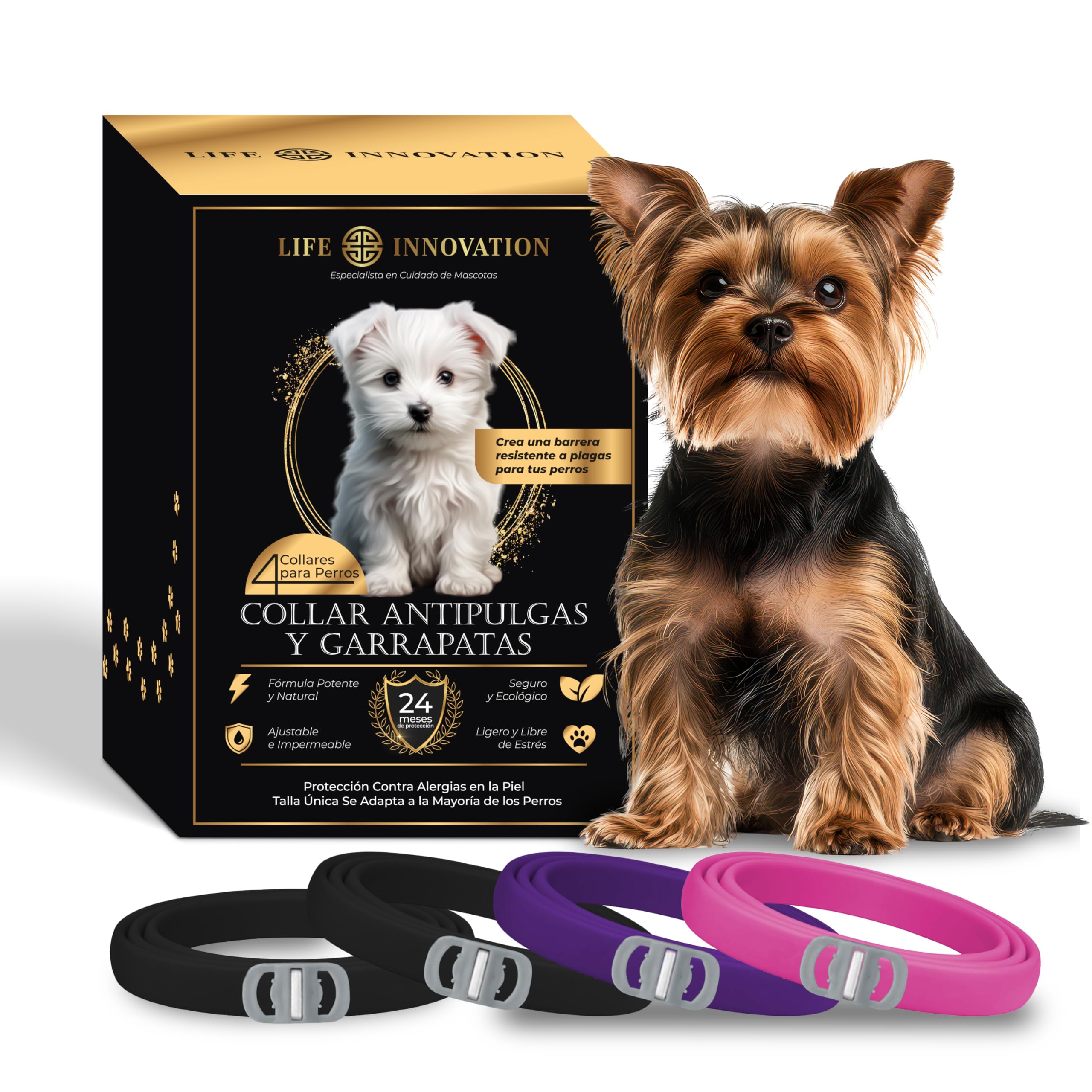 Pack 4 Collares Antiparasitarios para Perros, 24 Meses de Protección contra Pulgas, Garrapatas y Mosquitos - 100% Natural, Impermeable, Ajustable, para Todos los Tamaños.