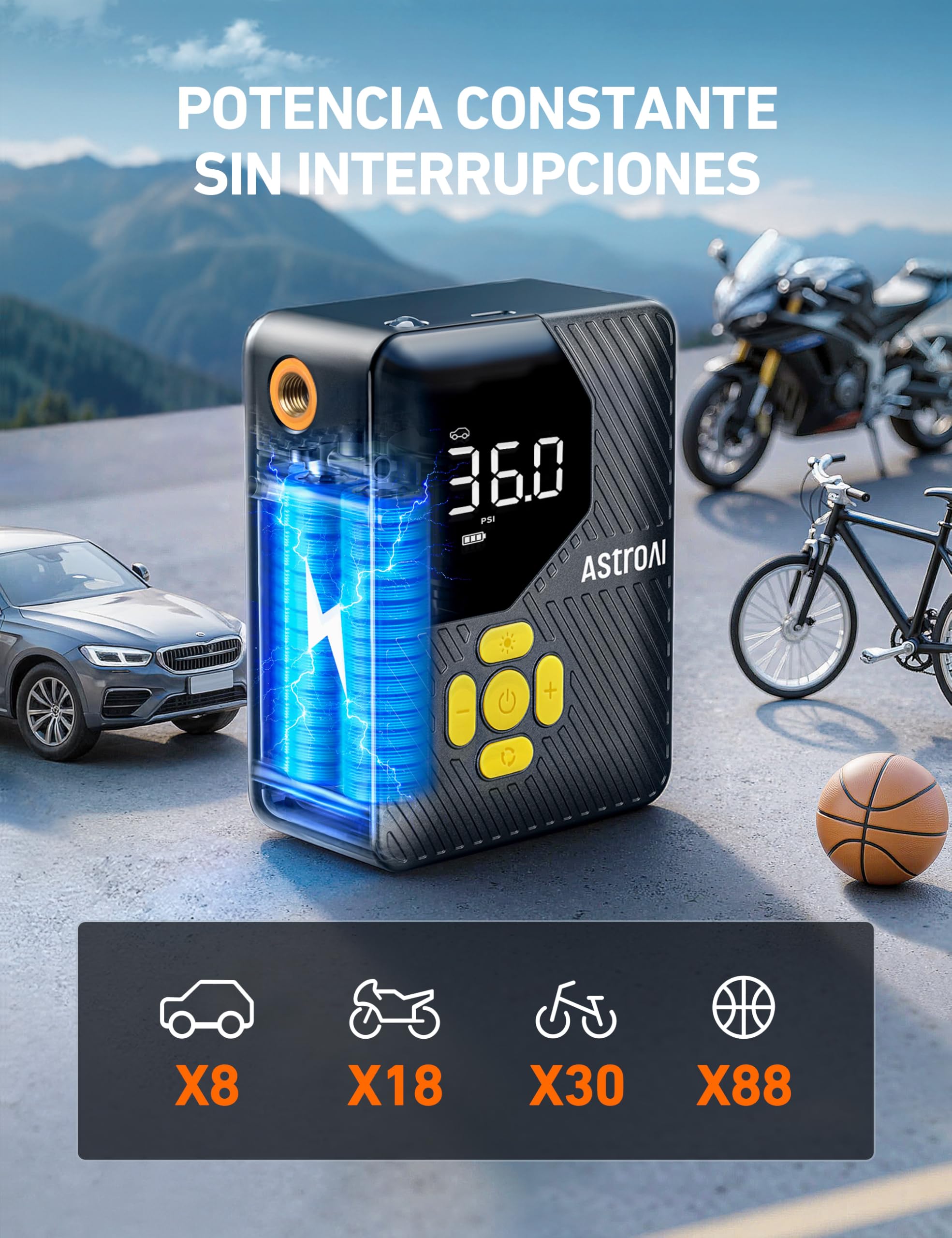 AstroAI Mini Compresor Aire Portátil, Inflador Ruedas Coche 150PSI | Inflador Electrico, Hinchador Neumáticos con Batería Recargable y Luz LED para Coche, Bicicletas, Moto y Etc.