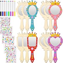 24 Pièces Bricolage Miroir en Bois Artisanat, Enfants Bricolage Miroir Kits en Bois, Mini Miroirs à Main Princesse en Bois, Kit Miroir en Bois Couronne pour Enfants Fête Anniversaire Cadeau Noël,A