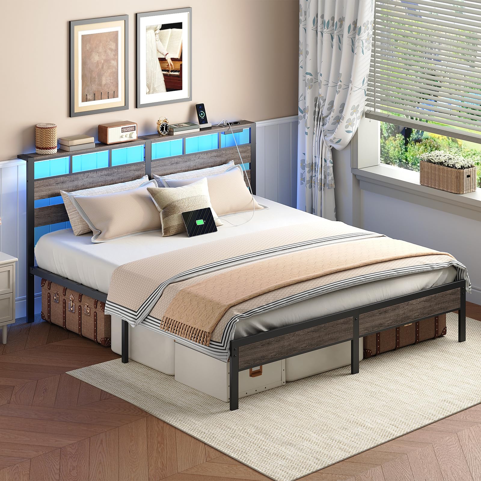 HOOBRO Cama 180 x 200 cm, Estructura Metálica con Ilminación LED, Enchufes y Espacio de Almacenaje, Cama Matrimonio con Cabecero, para Dormitorio, Color Negro Carbón EBC80CDBF01