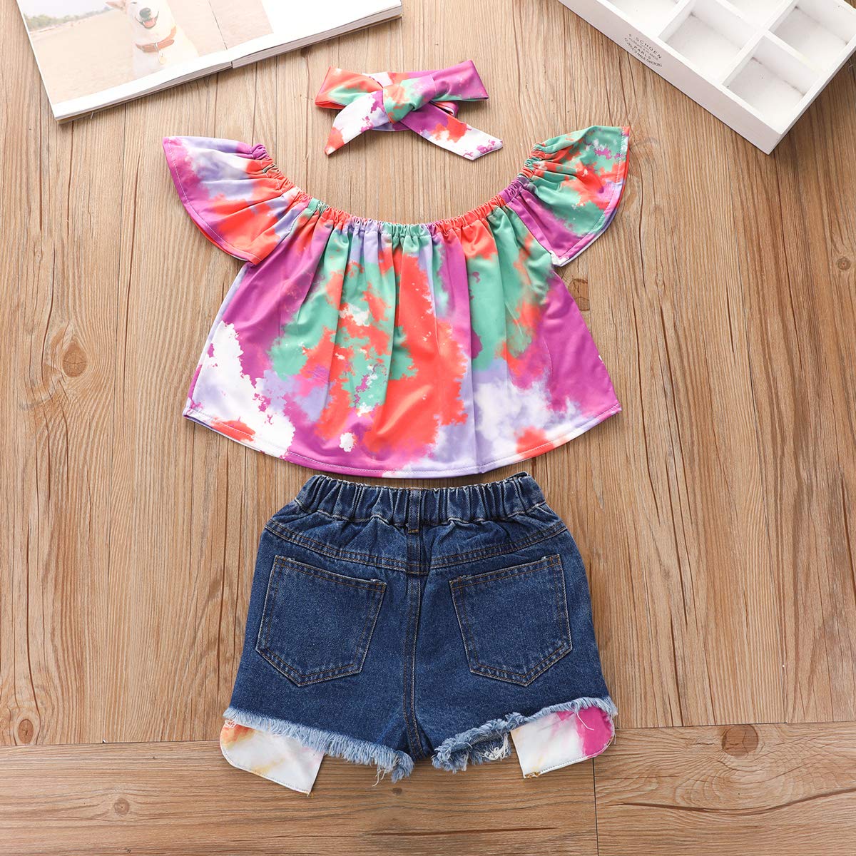 FYBITBO Fashion Baby Girl Jeans Outfits Tie Dye Off Shoulder Top+Ripped Denim Shorts Summer Clothes (4-5T,A-tie dye)