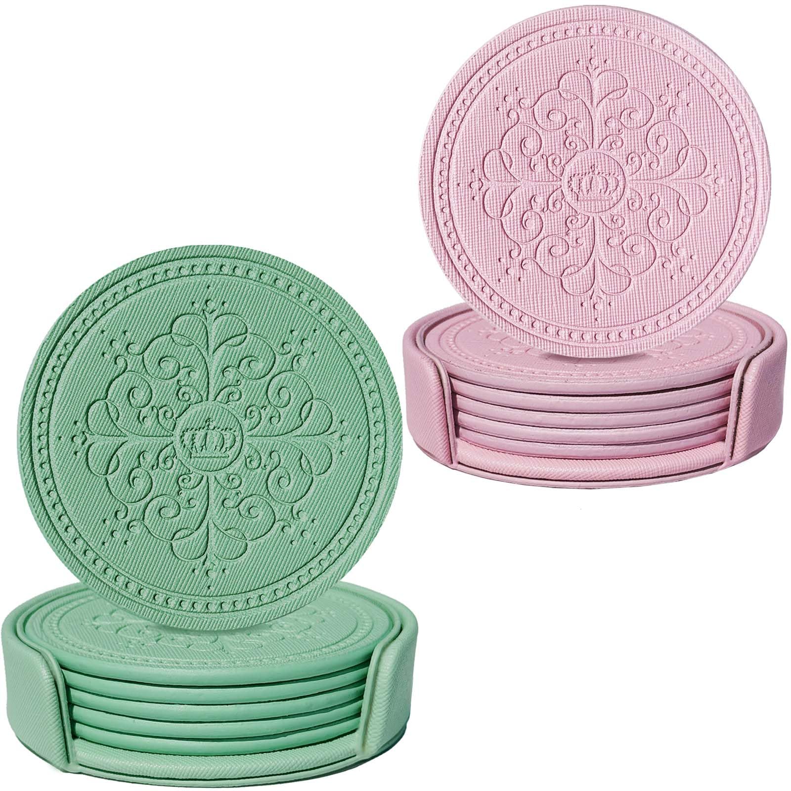 ABCHCHS Coasters Set of 12 - (6 Pink and 6 Green) - PU Leather Coasters for Drinks with Holder