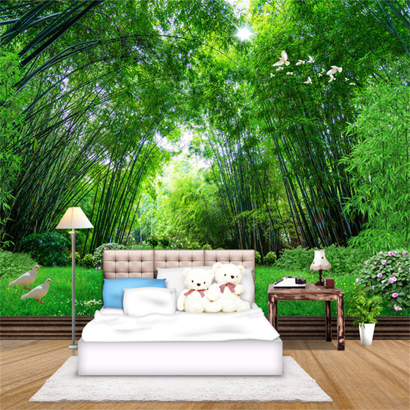 3D Green Bamboo Forest Wall Mural Wallpaper, Forest Garden Bird Removable Wallpaper Large Mural Space, Suitable for Living Room TV Background Decor Wall Painting,79"W x 55"H