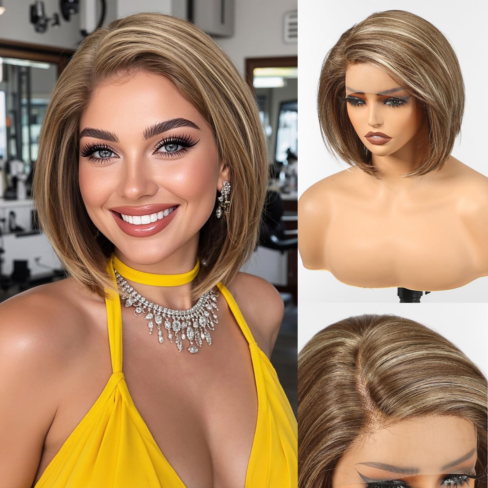 HAIRCUBE Mixed Brown Synthetic Lace Front Wig, 10 Inch Layered Glueless Bob Wig, Natural Density Hairline Wigs for Women Daily Use 10 Inch T Part Lace Mixed Bro
