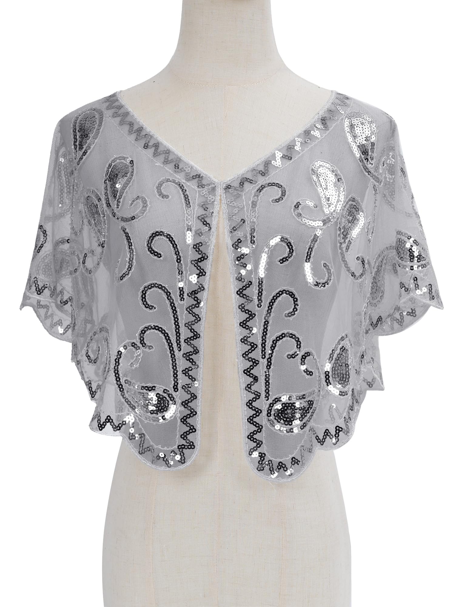 Ausing Women's 1920s Shawl Sequin Evening Cape Flapper Shrug Great Gatsby Retro Tulle Shawls Vintage Mesh Shawl Wraps Shiny Short Art Deco Wrap Bridal Party Wedding Cover Up Grey - Image 3