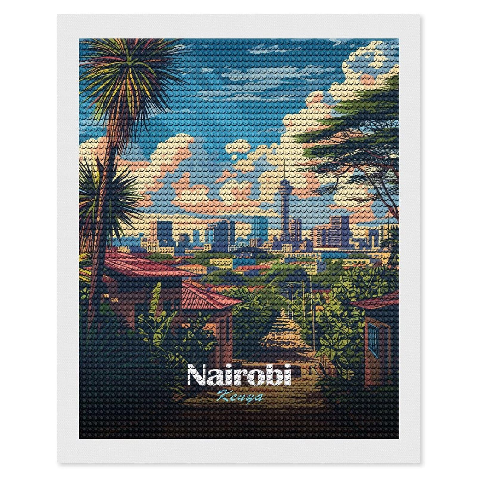 Junmoney Nairobi Kenya Cityscape Diamond Painting Canvas Set 16"x20", for Adults, Decorate Your Room, Festive Craft Gift, Office Decor