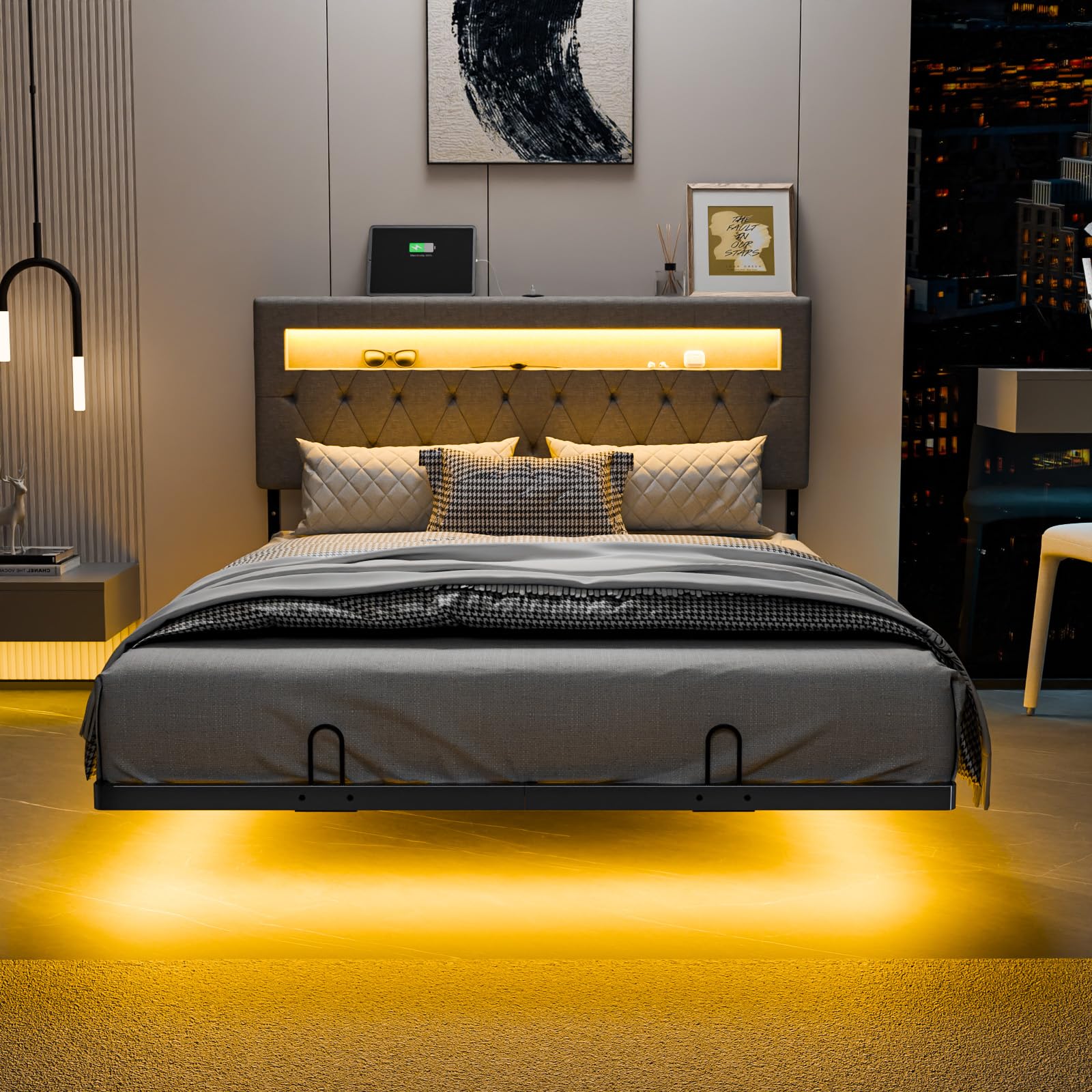 Bonnlo Lit 140 x 190 avec Sommier, Lit 2 Personnes Flottant avec Éclairage LED et Ports USB/Type-C, Tête de Lit Tapissée avec Rangement, Structure Stable en Métal, Tissu en Lin Gris