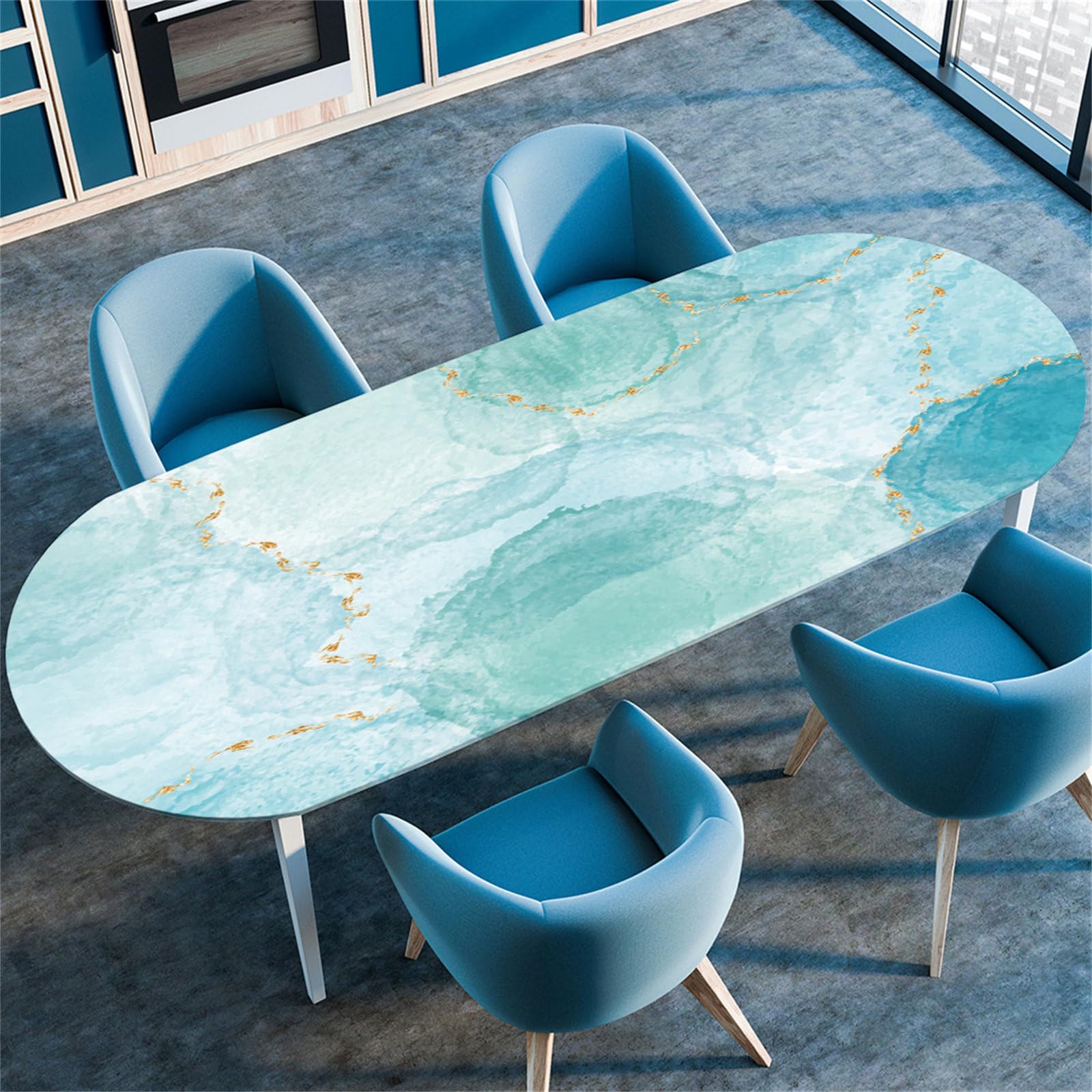 Treer Oval Fitted Tablecloth with Elastic Edge, Nordic Marble Stain-Resistant Wipeable oval Table Cloth, Washable oval Tablecloths for Kitchen Dinning Tabletop Decoration Outdoor (36"x60",Aqua)