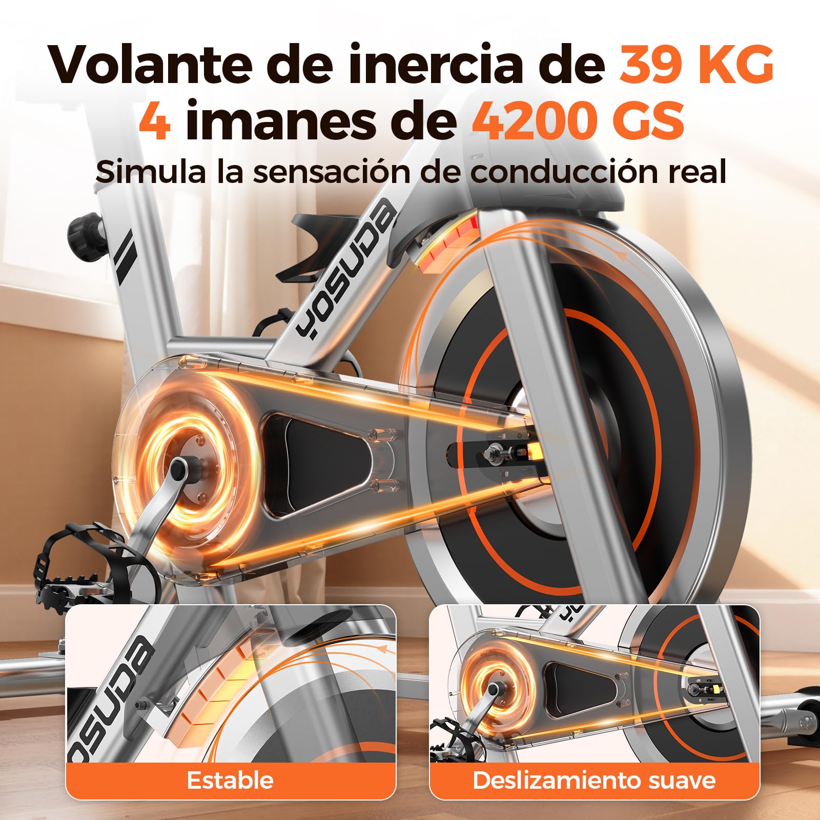 YOSUDA Bicicleta Estática con Resistencia Magnética Silenciosa, Bicicleta de Spinning con Monitor de LCD y Pulsómetro, Soporte para Tablet, App Exclusiva, Carga Máxima 136 kg (Silber)