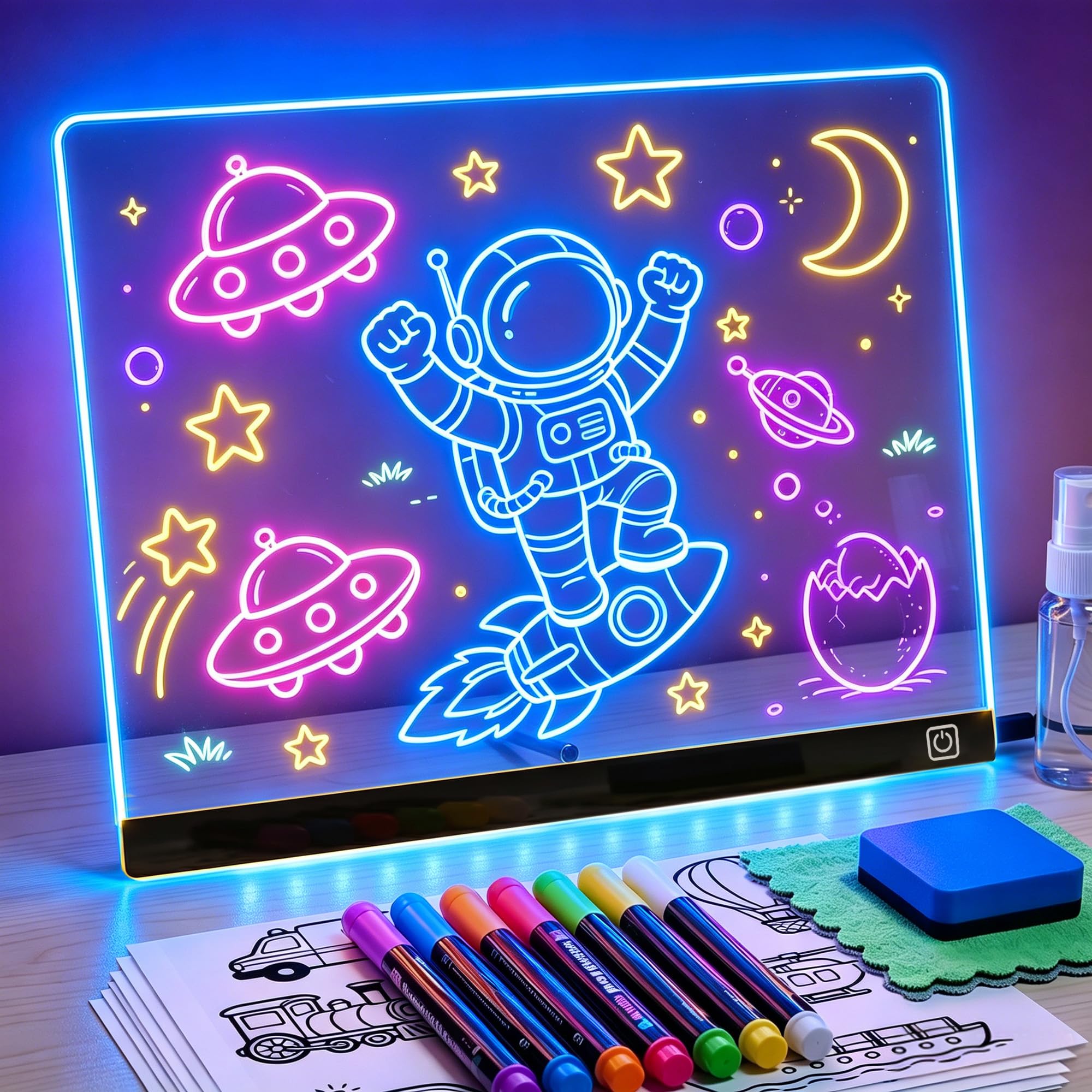 KOKODI LED Drawing Board for Kids, 16in Large Light-Up LED Note Board with 7 Colors Light Modes, No Battery Needed, Plug-in Powered, Glowing Sketch Pad Art Set, 3-12 Aged Kids Birthday Gifts(Black)