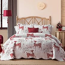 Hansleep Christmas Bedspread with Reindeer Printed Pattern, 3 Piece Reversible Quilt Bedding Set, Lightweight All Season Bedspread and Decor Coverlet