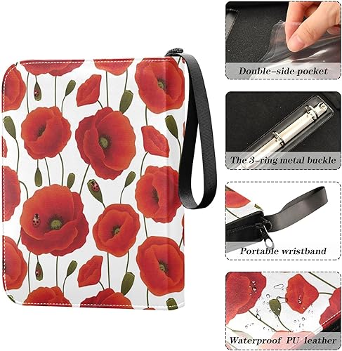 Miniatura 4 de Carpeta para tarjetas coleccionables de flores de amapola roja, 4 bolsillos con 50 fundas extraíbles, carpeta de álbumes de tarjetas de 3 anillas,
