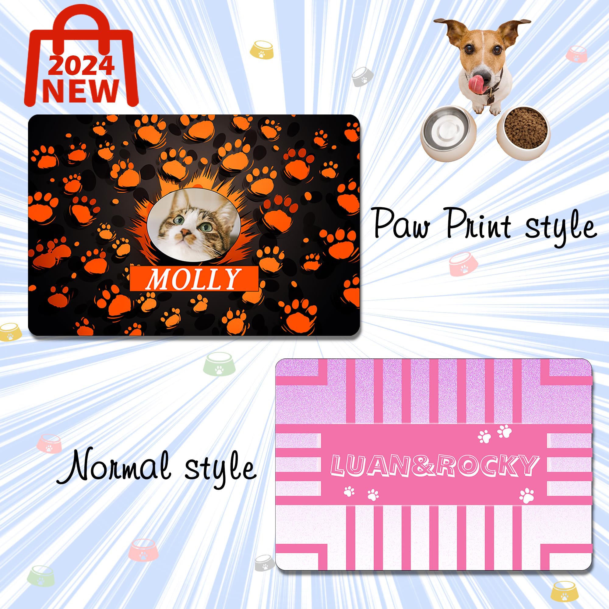 KK JONEIN Personalized Dog Food Mat with Pet's Name, Non-Slip Backing Custom Dog Placemat, Washable Customized Cat Feeding Mat, Waterproof PU Material(Custom Photo Style)