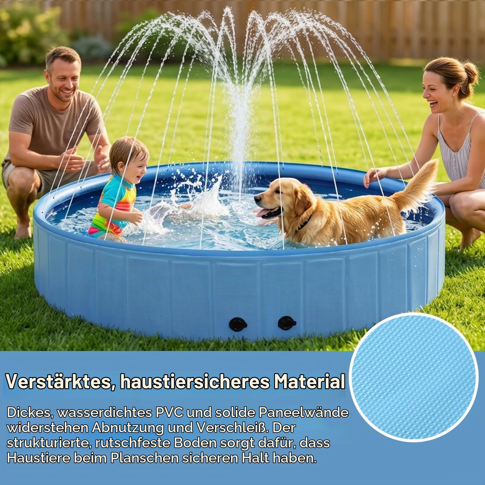 Eooqi Faltbarer Hundepool mit Sprinkler 246 cm, rutschfest & Stabil, 2-in-1 Planschbecken für Haustiere & Kinder, Outdoor Wasserspiel Pool für Garten, Blau