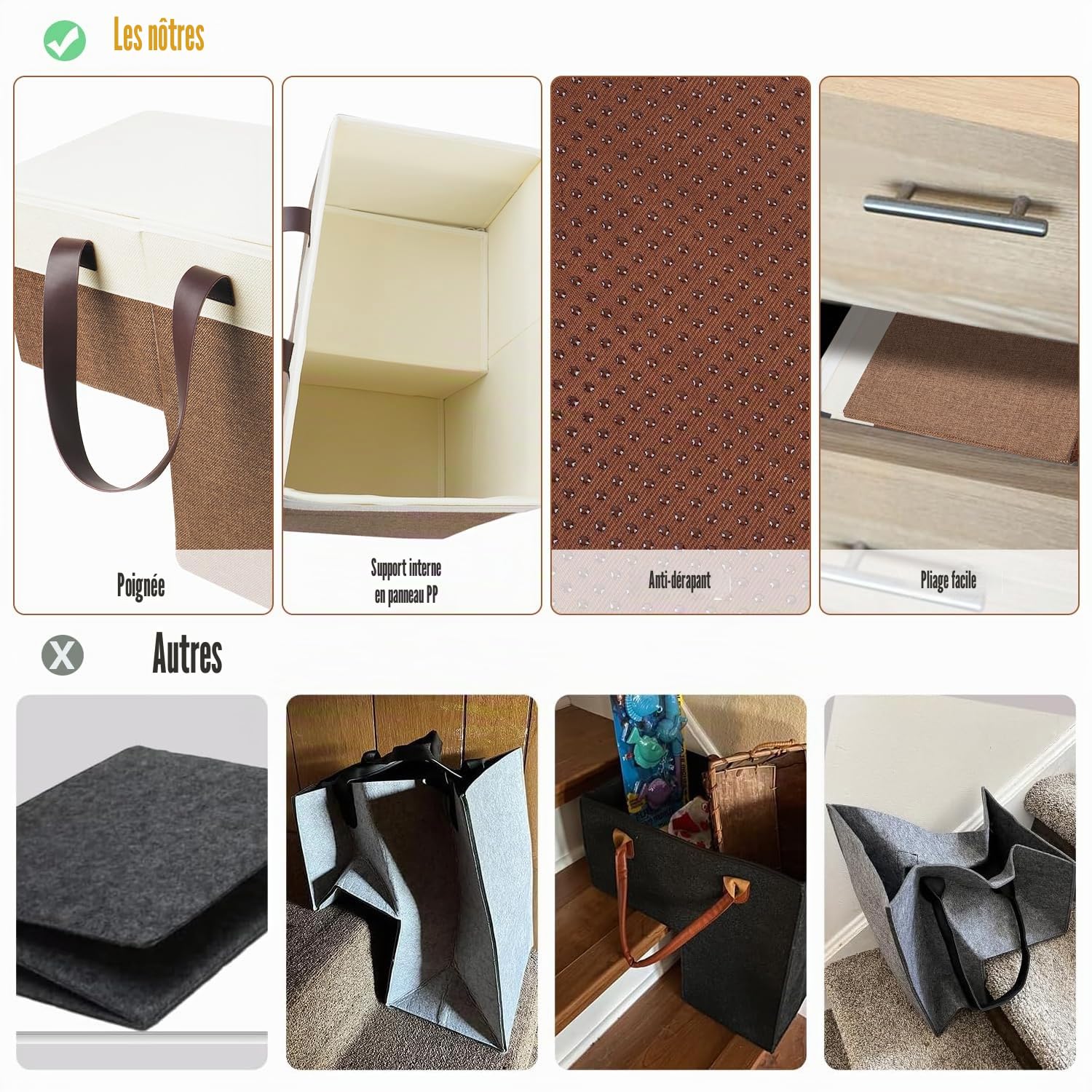 Panier pliable en lin avec poignée et couvercle, sac d'escalier, panier à linge, peu encombrant, en feutre, organisateur pour linge, jouets (marron)