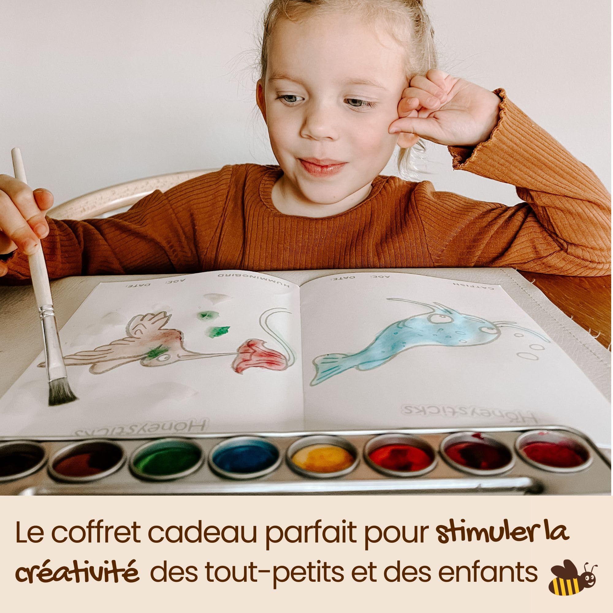 Honeysticks Set de peinture aquarelle non toxique 8 couleurs avec pinceau pour enfants