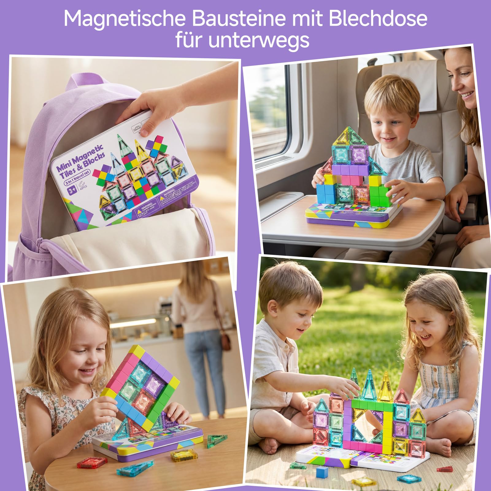 burgkidz Magnetbausteine Reise-Set 48 Teile – 3-in-1 Kompatible Magnetfliesen und Blöcke (3,75 cm / 1,875 cm) mit Ultraleicht-Metallbox für unterwegs, STEM Lernspielzeug für Kinder ab 3 Jahren