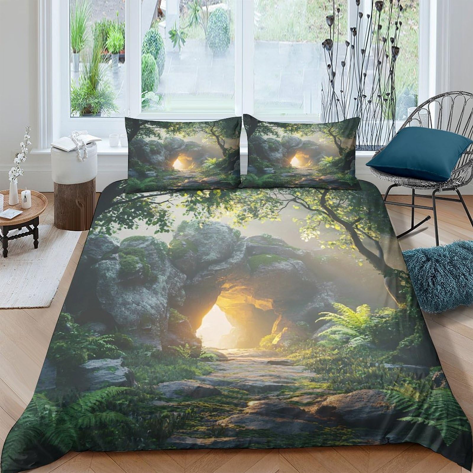 GPLZQXKJNH 3D Printed Forest Cave Duvet Cover Microfiber Soft Breathable Sunlight Path Bedding Set with 2 Pillowcases for Bedroom Home Single（135x200cm）