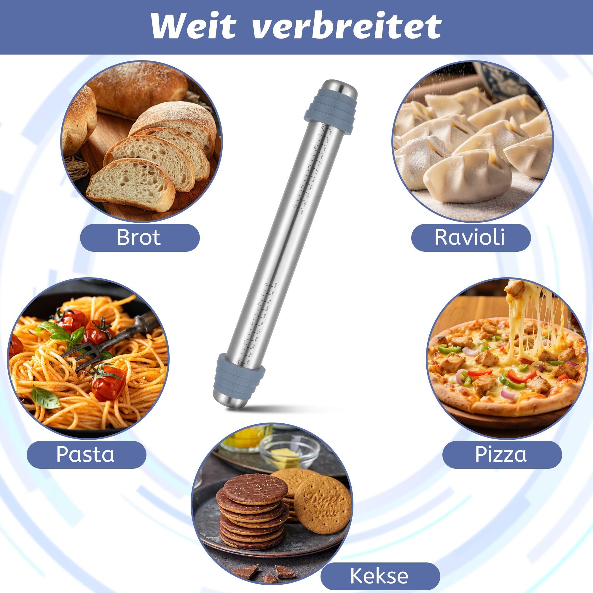 Novent wałek do ciasta regulowany, duży wałek do ciasta ze stali nierdzewnej, antyprzywierający metalowy wałek do ciasta, do fondantu, z odpinanym pierścieniem w 4 rozmiarach, akcesoria do pieczenia