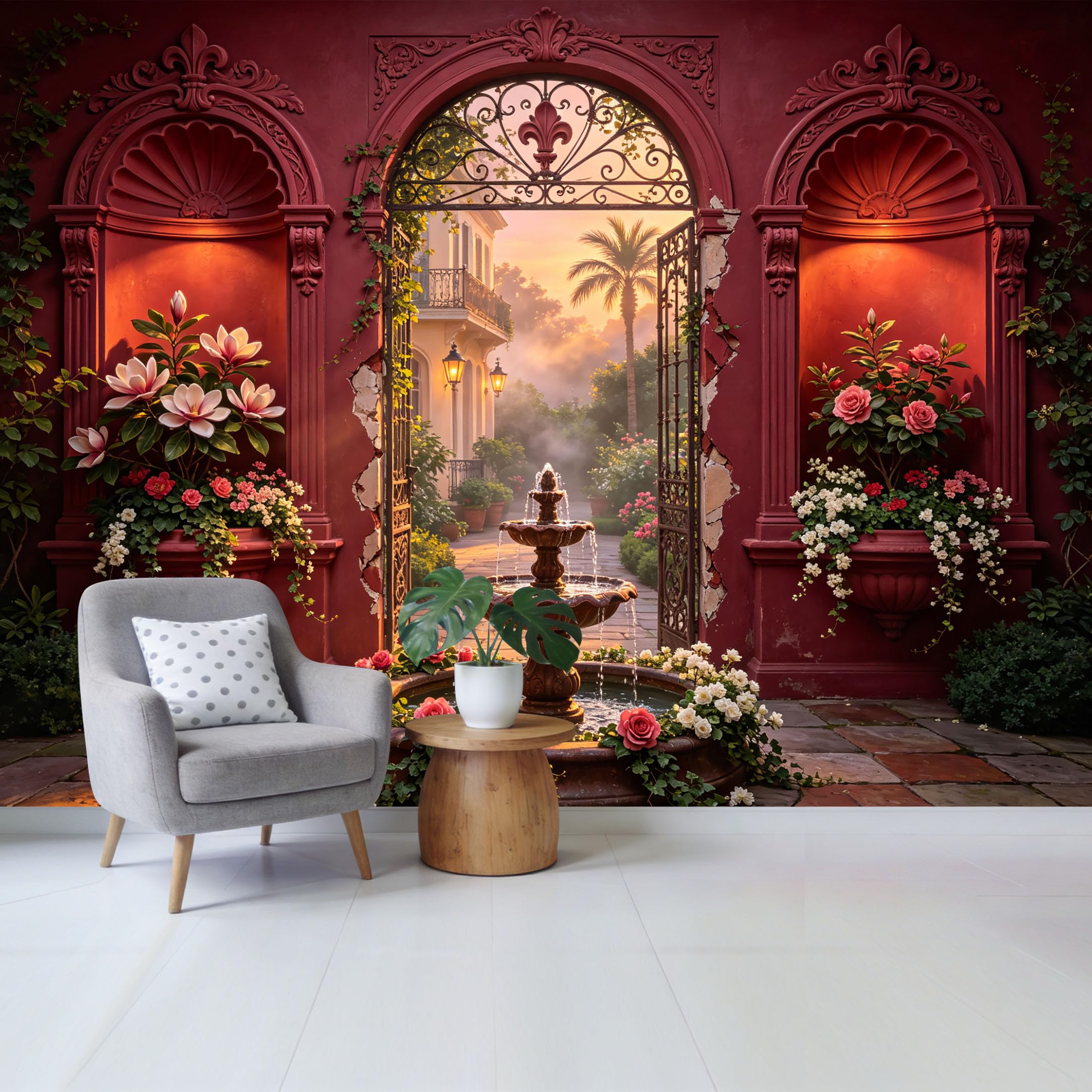 Custom Size Wall Mural Mediterranean Courtyard Fountain Sunset Roses Botanical Removable Self Adhesive Fabric Home Wall Decor for Living Room Bedroom Bathroom