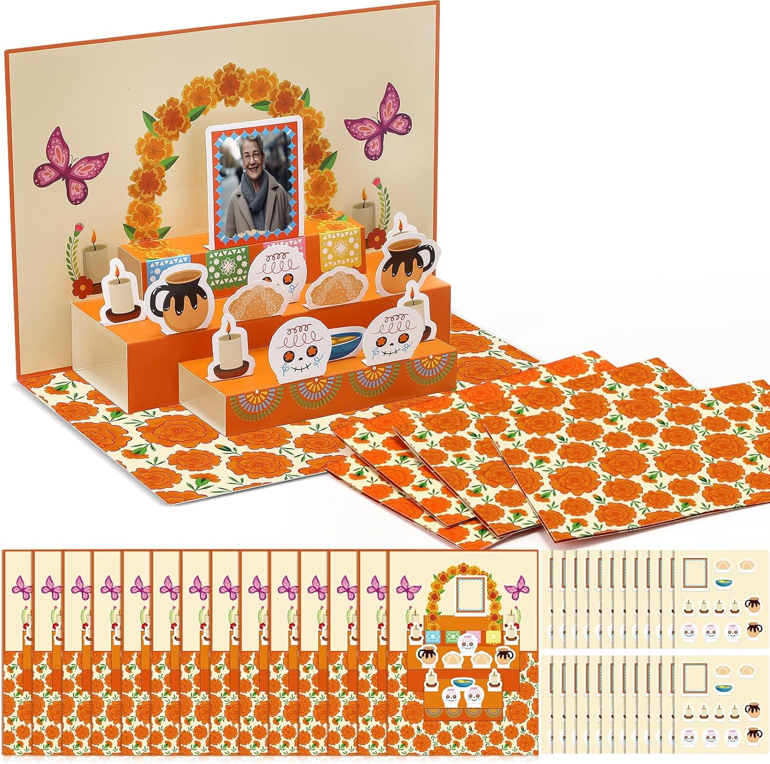 Motipuns 24 Set Day of The Dead Altar DIY Crafts Kit Día De Los Muertos Ofrenda Decoration Card with Marigold Photo Frame Skull Candle for Mexican Halloween Party Supplies
